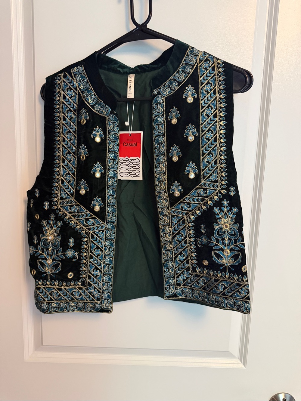 Ethnic PK - Size Small -Embroidered Black Velvet Vest with Blue Accents - Casual